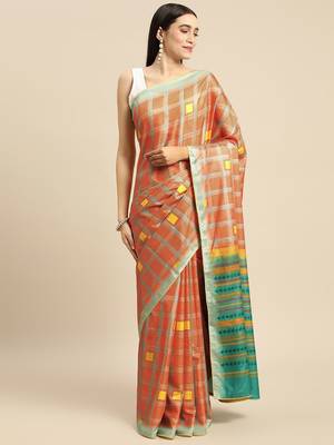 Orange geometric printed poly silk casual saree with blouse piece 1