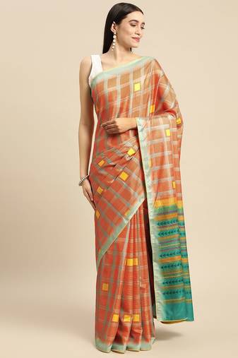 Orange geometric printed poly silk casual saree with blouse piece