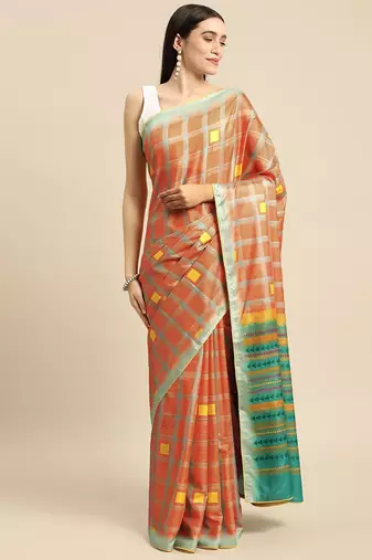 Orange geometric printed poly silk casual saree with blouse piece