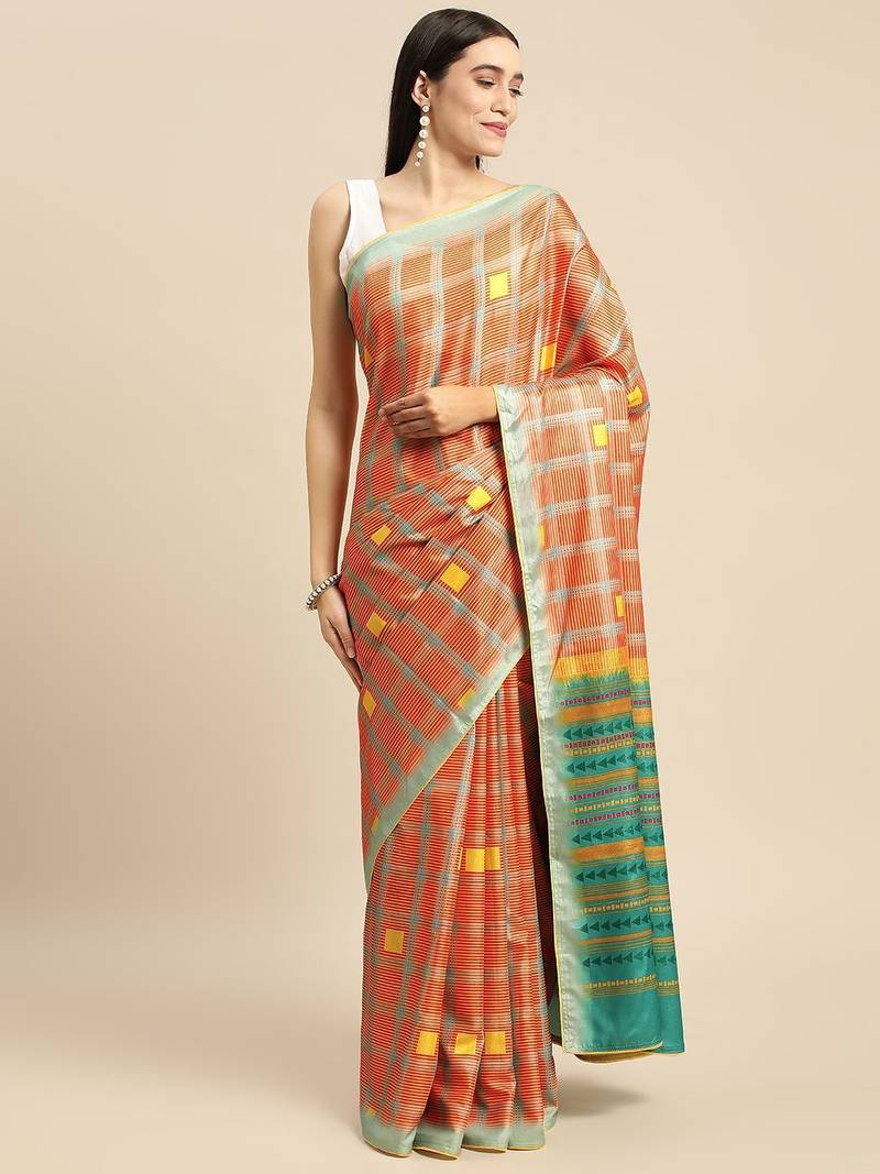 Orange geometric printed poly silk casual saree with blouse piece
