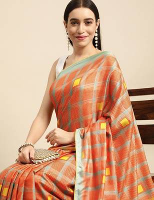 Orange geometric printed poly silk casual saree with blouse piece 2
