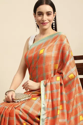 Orange geometric printed poly silk casual saree with blouse piece