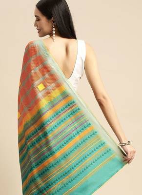 Orange geometric printed poly silk casual saree with blouse piece 3