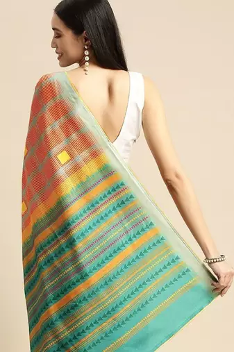 Orange geometric printed poly silk casual saree with blouse piece
