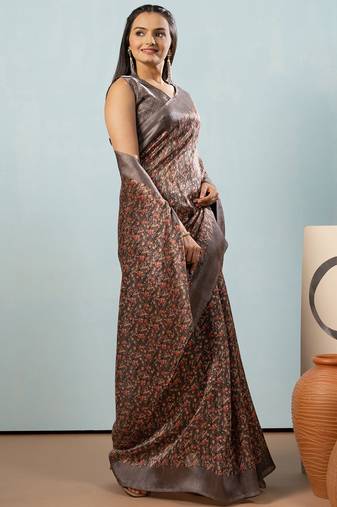 Grey printed satin fashion saree with blouse piece