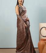 Grey printed satin fashion saree with blouse piece