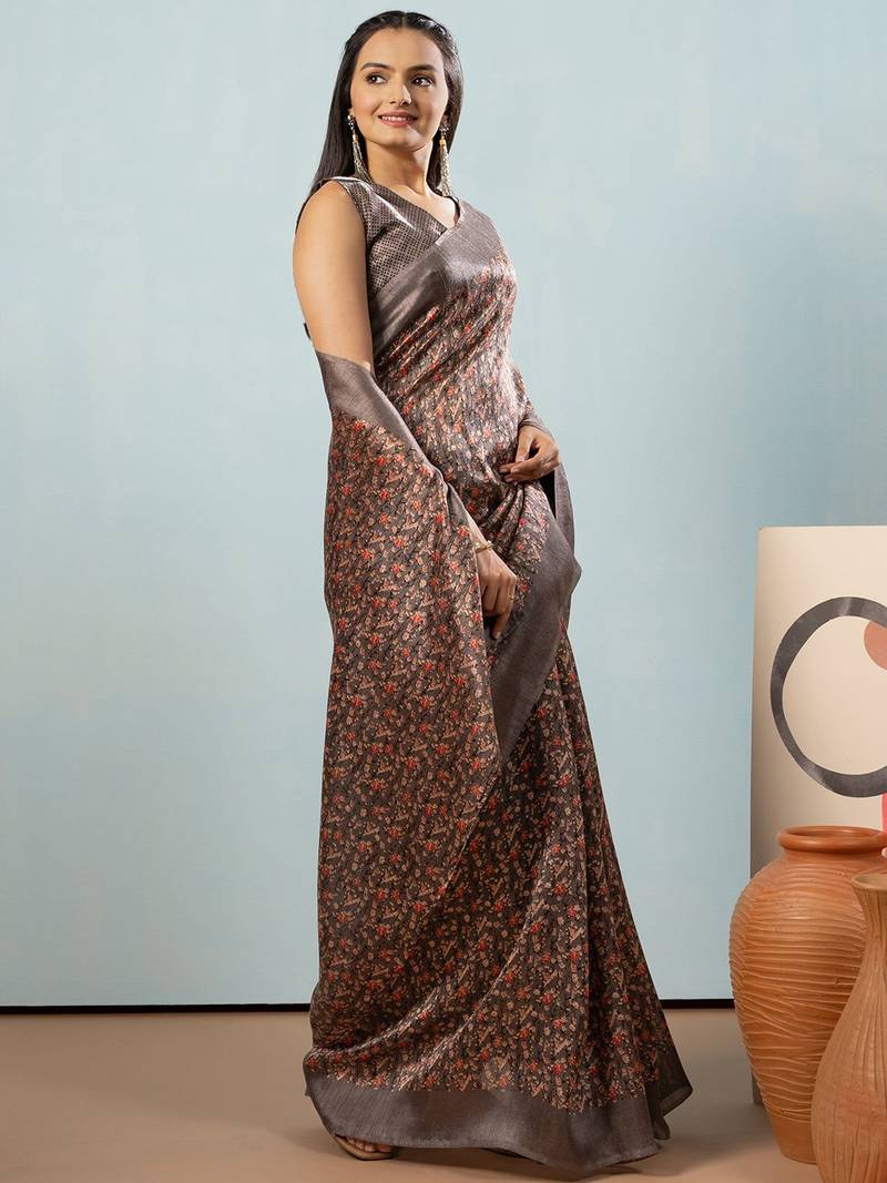 Grey printed satin fashion saree with blouse piece