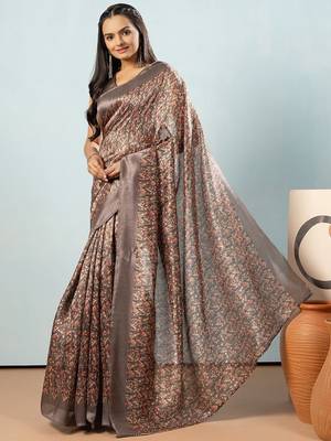 Grey printed satin fashion saree with blouse piece 2