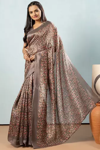 Grey printed satin fashion saree with blouse piece