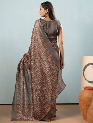 Grey printed satin fashion saree with blouse piece 3