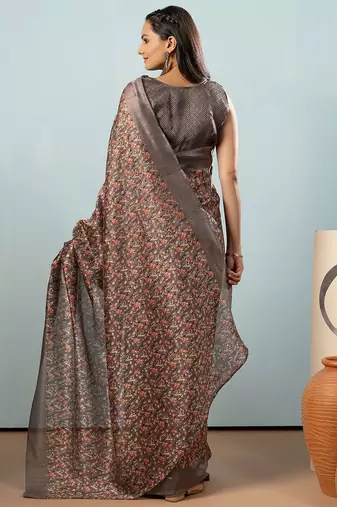 Grey printed satin fashion saree with blouse piece