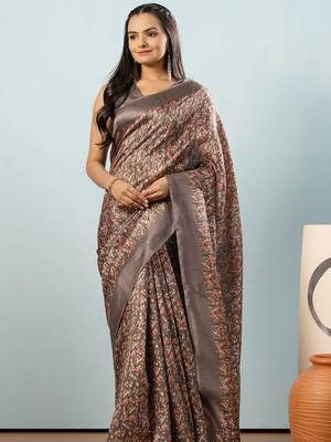 Grey printed satin fashion saree with blouse piece 4