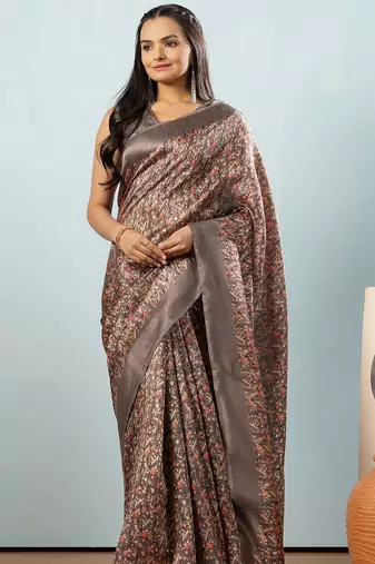Grey printed satin fashion saree with blouse piece