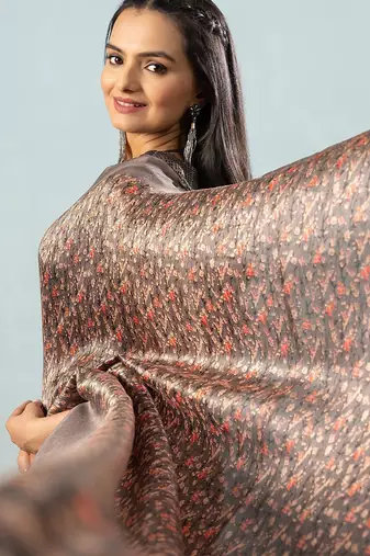 Grey printed satin fashion saree with blouse piece