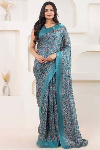 Green printed satin fashion saree with blouse piece