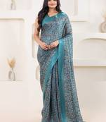Green printed satin fashion saree with blouse piece