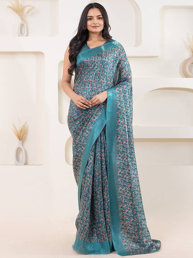 Green printed satin fashion saree with blouse piece