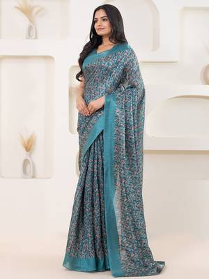 Green printed satin fashion saree with blouse piece 2
