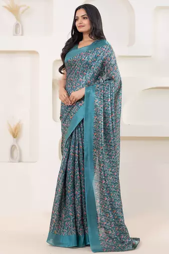 Green printed satin fashion saree with blouse piece