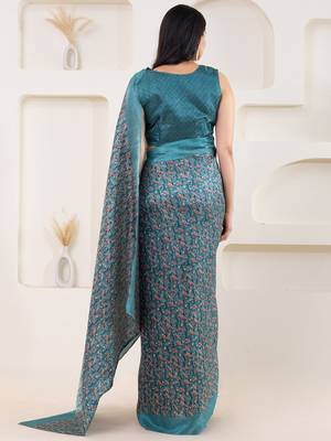 Green printed satin fashion saree with blouse piece 3