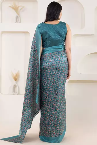 Green printed satin fashion saree with blouse piece
