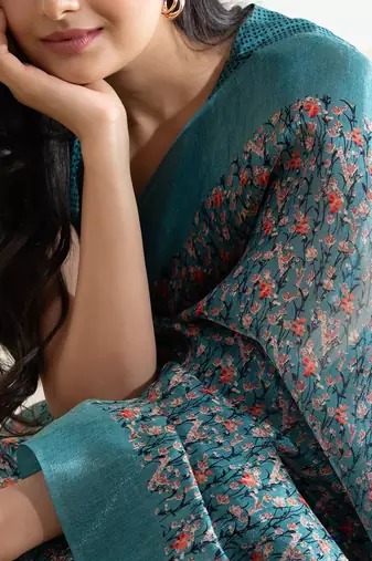 Green printed satin fashion saree with blouse piece