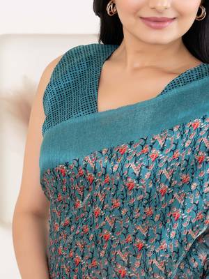 Green printed satin fashion saree with blouse piece 5
