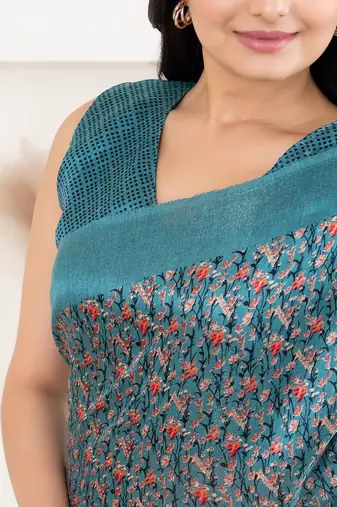 Green printed satin fashion saree with blouse piece