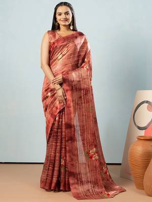 Maroon printed satin fashion saree with blouse piece 1