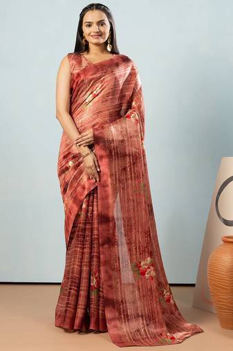 Maroon printed satin fashion saree with blouse piece