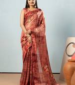 Maroon printed satin fashion saree with blouse piece