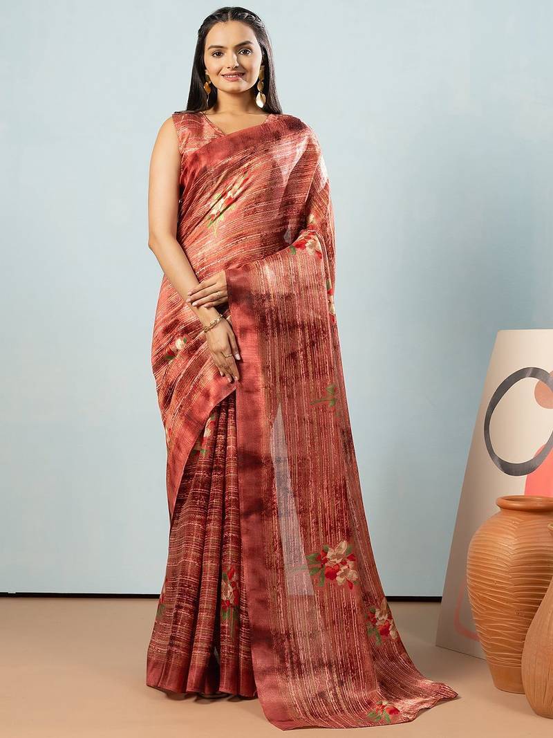 Maroon printed satin fashion saree with blouse piece