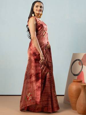 Maroon printed satin fashion saree with blouse piece 2