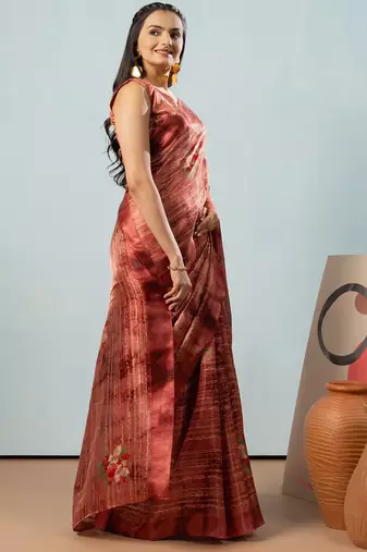 Maroon printed satin fashion saree with blouse piece
