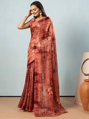 Maroon printed satin fashion saree with blouse piece 3