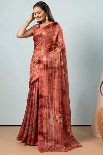 Maroon printed satin fashion saree with blouse piece