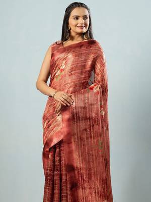 Maroon printed satin fashion saree with blouse piece 4