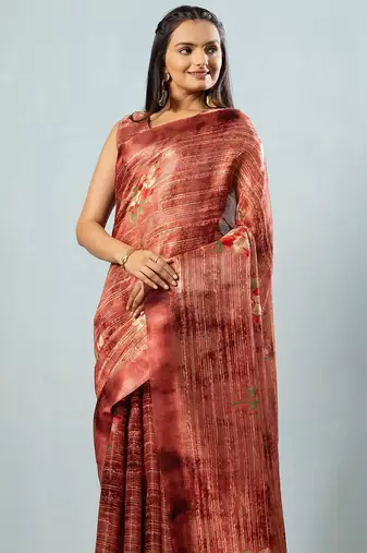 Maroon printed satin fashion saree with blouse piece