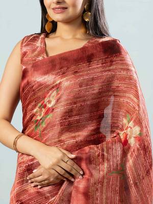 Maroon printed satin fashion saree with blouse piece 5