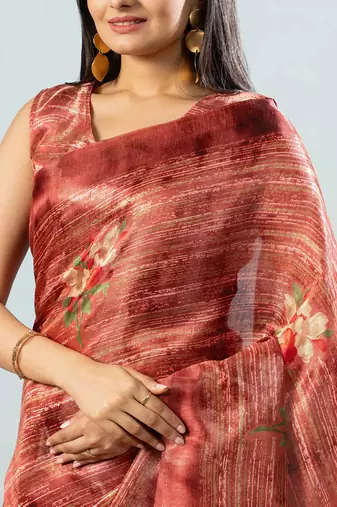 Maroon printed satin fashion saree with blouse piece