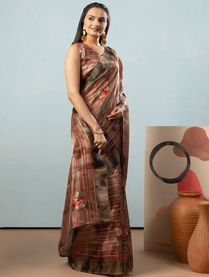 Olive printed satin fashion saree with blouse piece 1