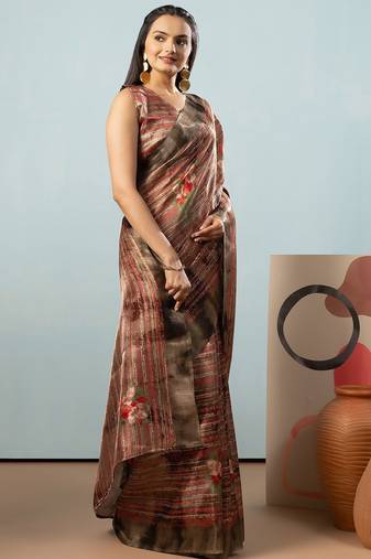 Olive printed satin fashion saree with blouse piece