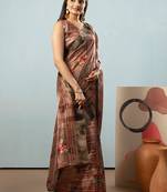 Olive printed satin fashion saree with blouse piece