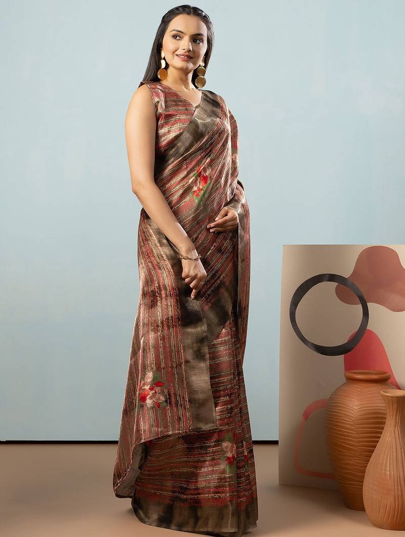Olive printed satin fashion saree with blouse piece