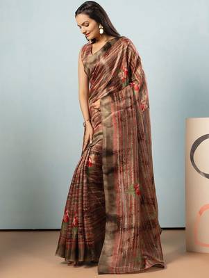 Olive printed satin fashion saree with blouse piece 2