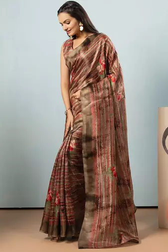 Olive printed satin fashion saree with blouse piece