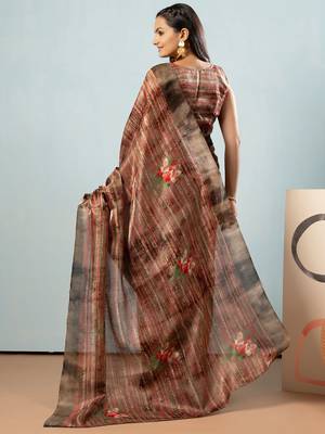 Olive printed satin fashion saree with blouse piece 3