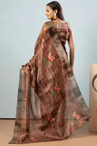 Olive printed satin fashion saree with blouse piece