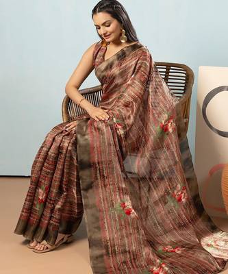 Olive printed satin fashion saree with blouse piece 4