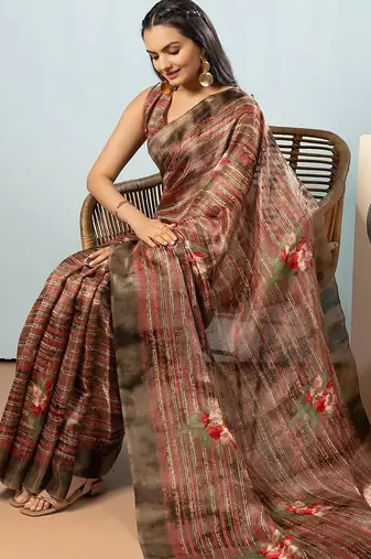Olive printed satin fashion saree with blouse piece